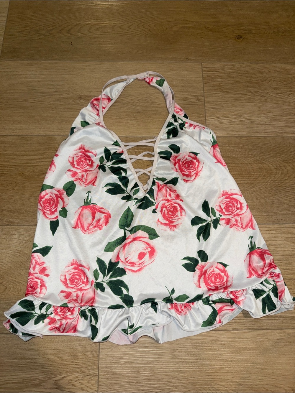 White Halter Top with Pink Rose Print